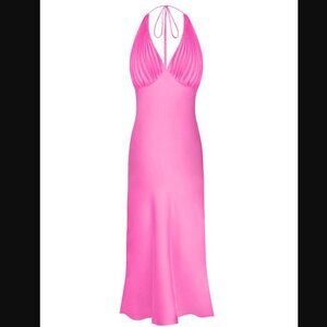 NWT Onarin Ms. Pleat Silk Halter Midi Dress in Dragonfruit Pink XS $289
